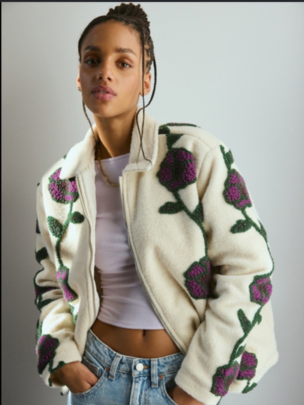 OBEY Women's Ivory Floral Zip-Up Jacket Size  Small